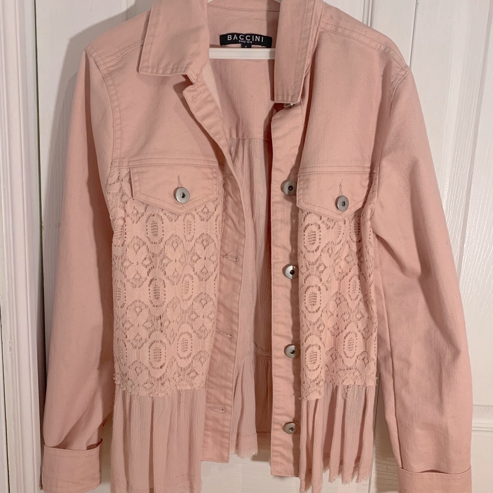 baby pink jean jacket with lace on sides/back